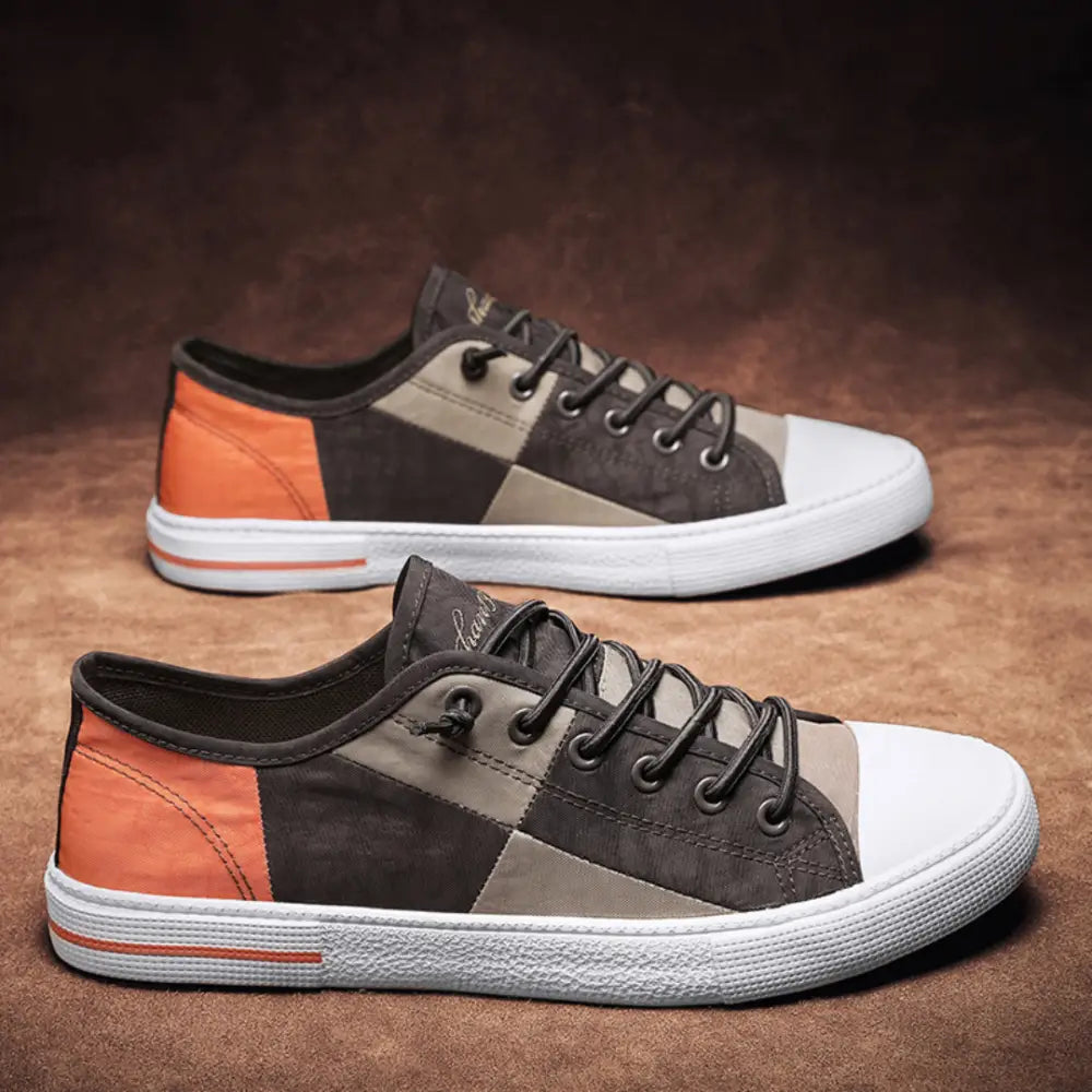 Chiavara Canvas sneakers with modern tasarımı in brown, gray, and orange color-blocking