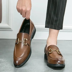 Fiorenza Brown leather loafers with gold buckle details, zarif tasarımı koril erkek loafer