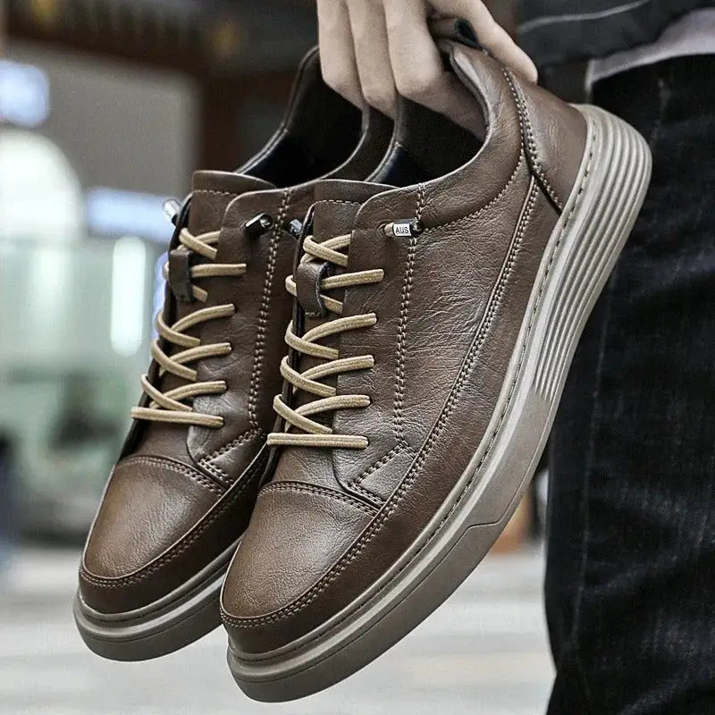 Brown leather casual sneakers Fontanetto with beige laces and chunky white sole