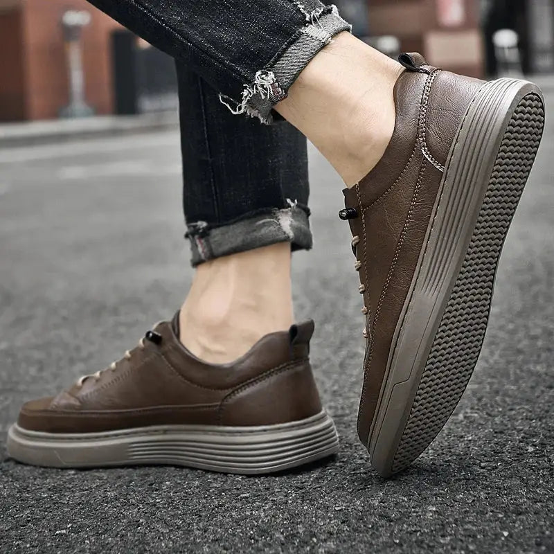 Fontanetto Brown leather sneaker with gray platform sole and denim jeans for erkek günlük ayakkabı