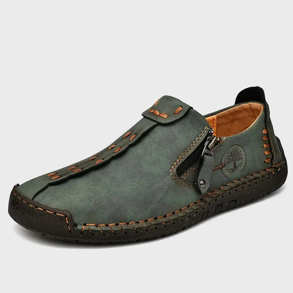 Yeşil deri casual slip-on ayakkabı, Gravino erkek loafer dekoratif dikiş ve yan fermuar ile