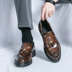 Halewood Brown leather tassel loafers with glossy finish and chunky black soles gerçek deri