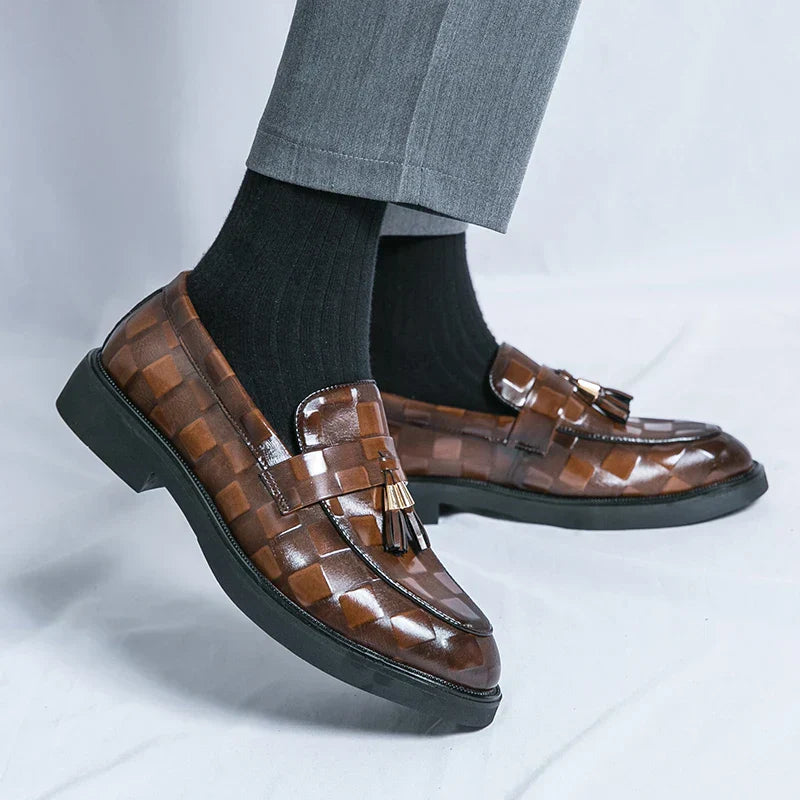 Brown leather tassel loafers with woven pattern and black soles by Lorenzo Gerçek Deri