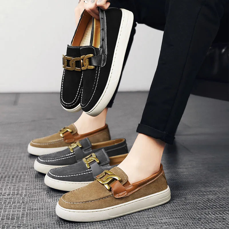 Ineccepibile erkek gerçek deri boat shoes with metal buckle details in black, gray, and tan