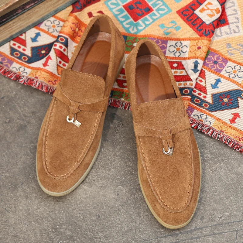 Tan suede Intrigante loafers with decorative metal hardware, Renoir gerçek deri