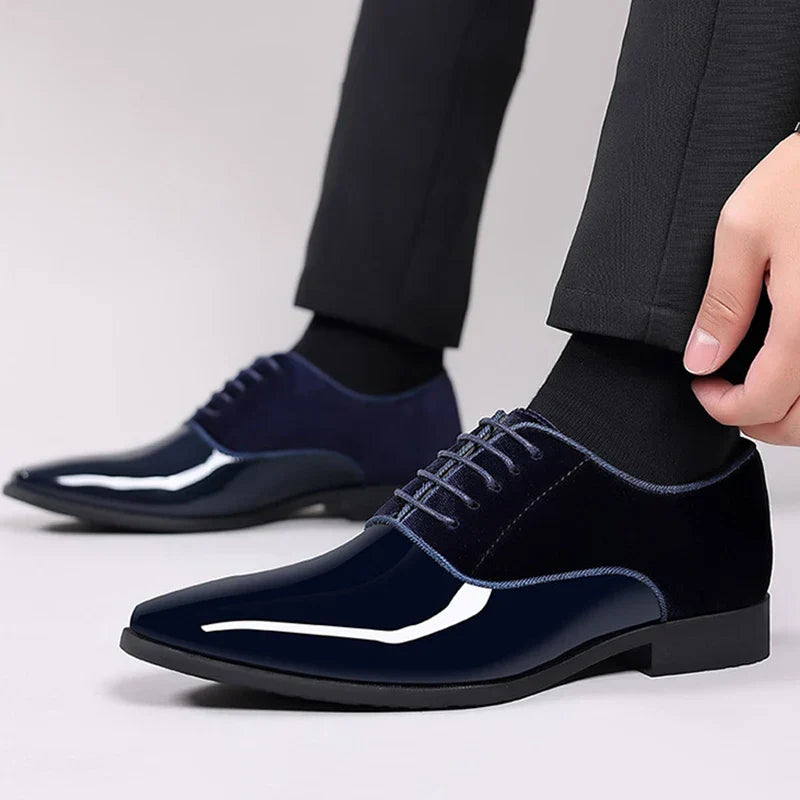 Navy blue patent leather oxford dress shoes with black laces from Laccato Rugan Bot