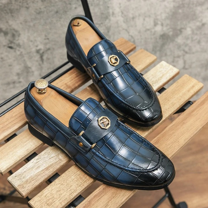 Navy blue Marco Bigliazzi Deri penny loafers with gold hardware and crocodile texture