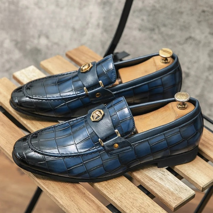 Navy blue crocodile pattern Marco Bigliazzi Deri penny loafers with gold hardware