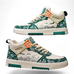 Martignano Athletic sneakers with green paisley patterns and orange accents by Elitwalk Mirage