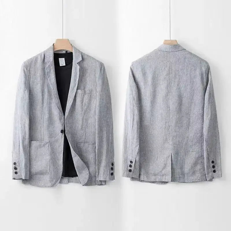Ön cepli ve düğme detaylı açık gri keten blazer.