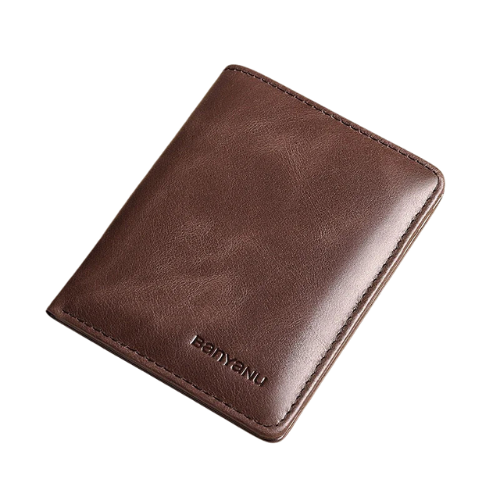 Brown leather bifold wallet with subtle branding, VALEN® RFID gerçek slim cüzdan